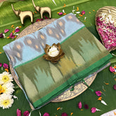 Vriksham Handwoven Pochampally Pastel Sky Blue & Olive Green Ikkat Silk-Cotton Saree-VS4739